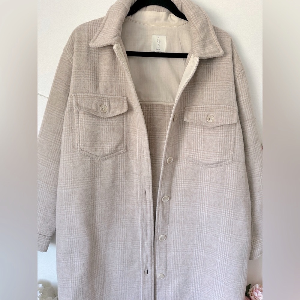 Joie Cream Plaid Neutral Long Button Down Shacket Coat L - Picture 4 of 9